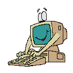 Retro-style cartoon animation of a beige desktop computer with arms typing energetically on its keyboard below, featuring a teal screen with a smiley face and friendly eyes sitting on its monitor.