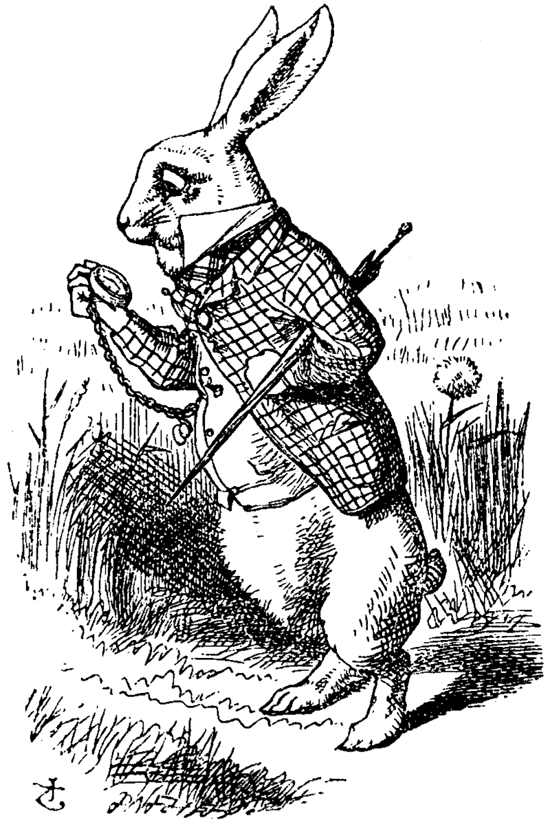 Black-and-white illustration of the Alice in Wonderland white rabbit in a checkered coat, holding an umbrella under one arm and his watch in the other hand, nervously checking the time.