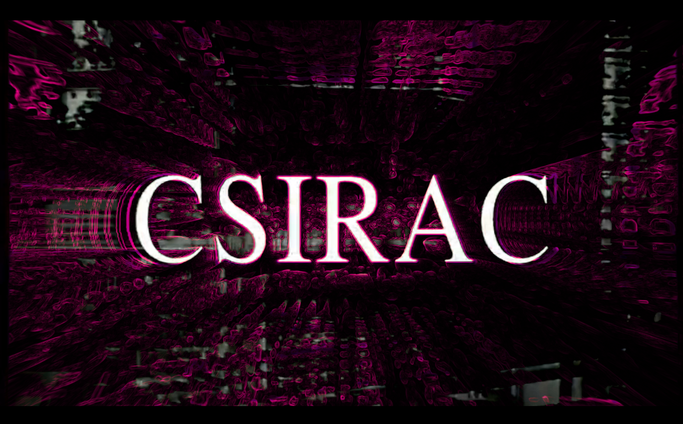 the words "CSIRAC" in front of CSRAC, Australia's first digital computer. The edges of text are multiplied and distorted outwards in hot pink.