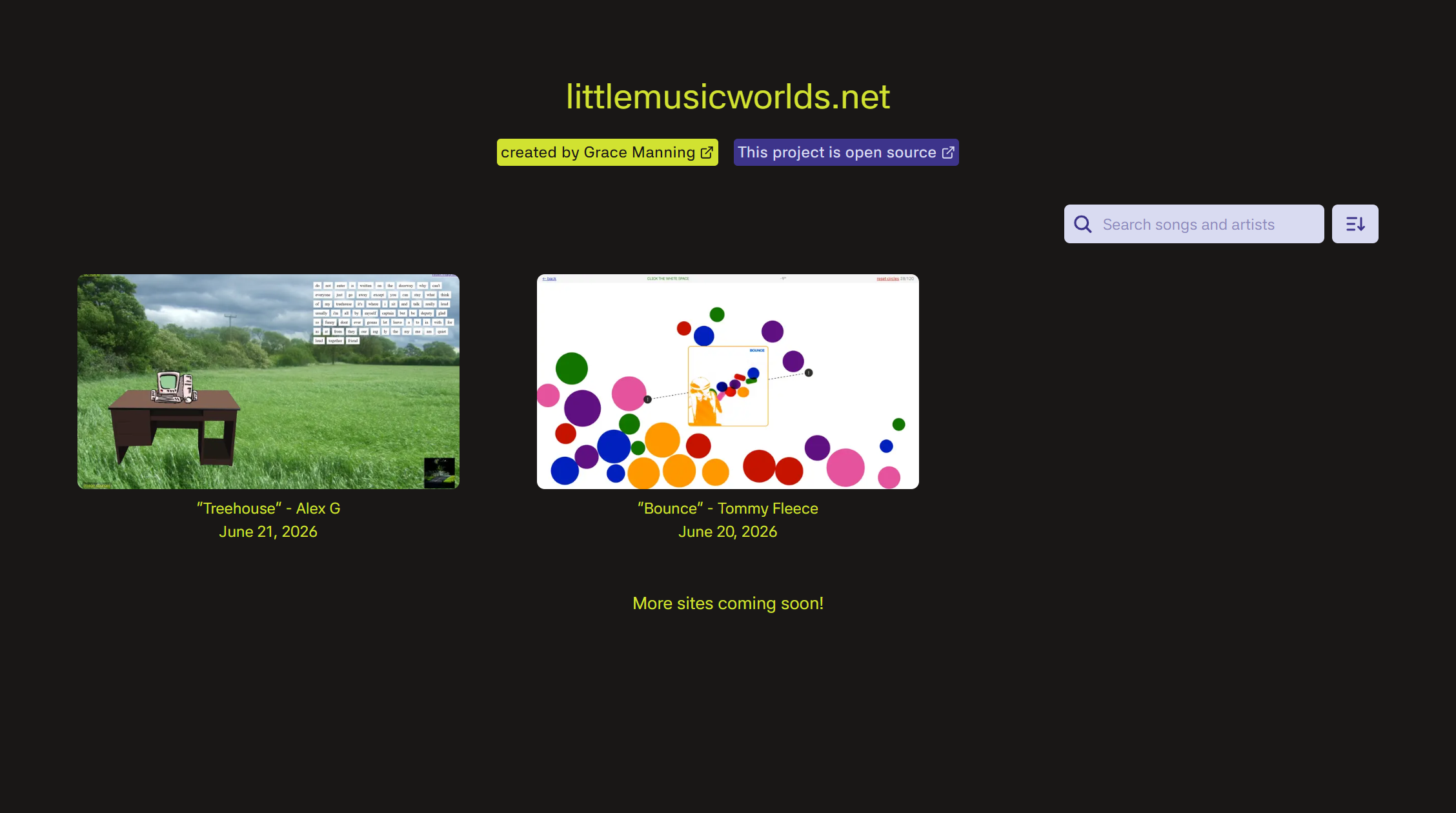 littlemusicworlds.net home page, featuring a black background with a grid of sub-page website thumbnails, labeled by bright green titles.