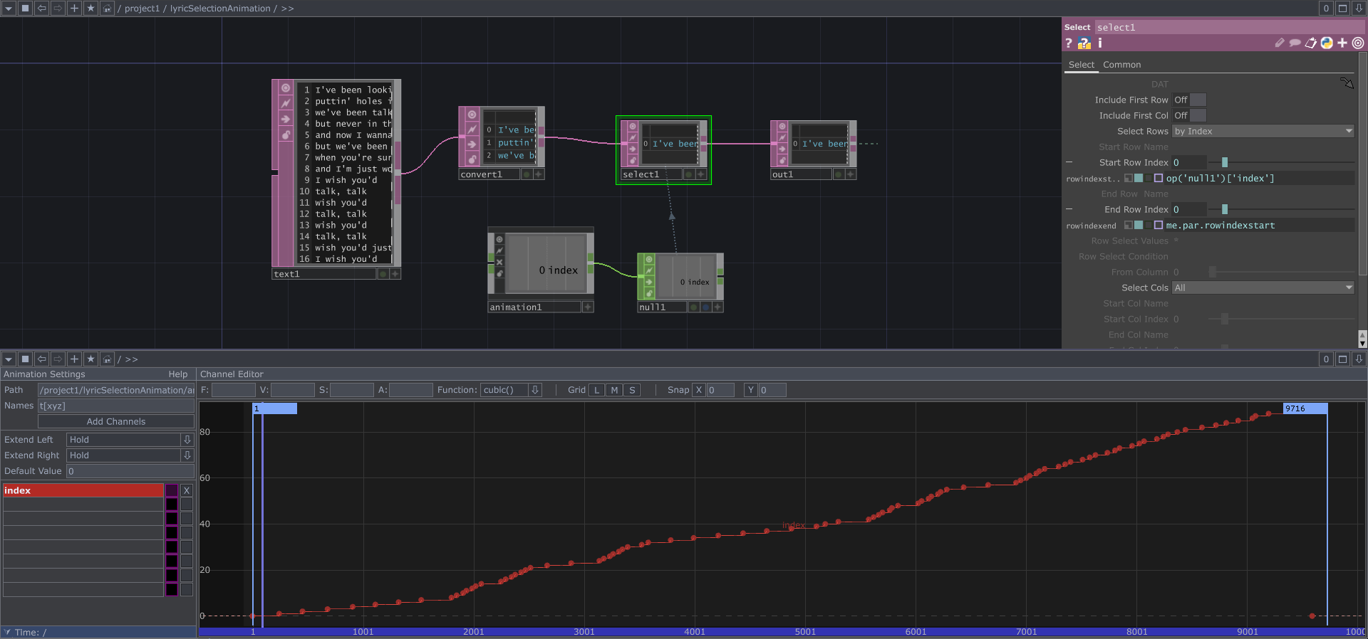A TouchDesigner network featuring several node operators and an animation keyframe editing window.
