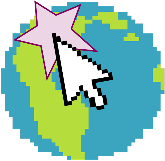 a pixelated drawing of the earth with a star on it, and a mouse pointer clicking on the star